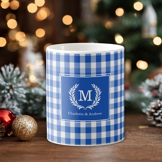 Blue Gingham Monogram Crest Custom コーヒーマグカップ