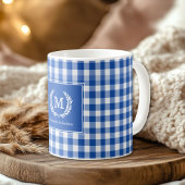 Blue Gingham Monogram Crest Custom コーヒーマグカップ