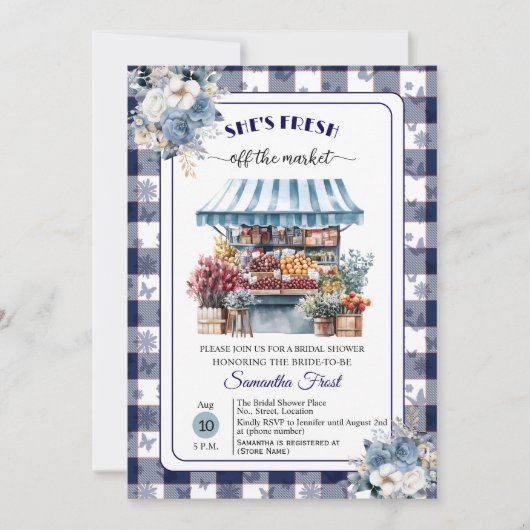 Blue Gingham Off the Market QR Code Bridal Shower 招待状 (正面)