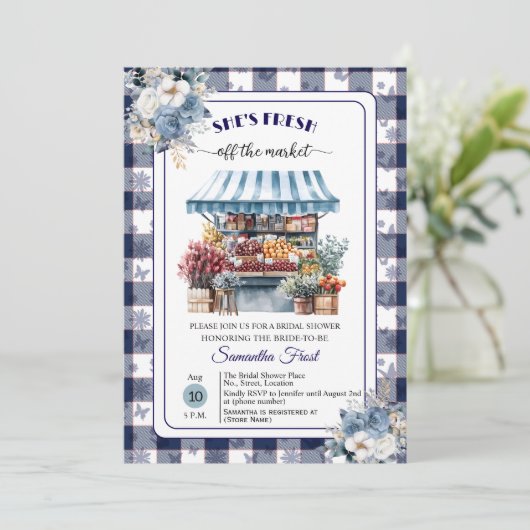 Blue Gingham Off the Market QR Code Bridal Shower 招待状 (スタンド正面)