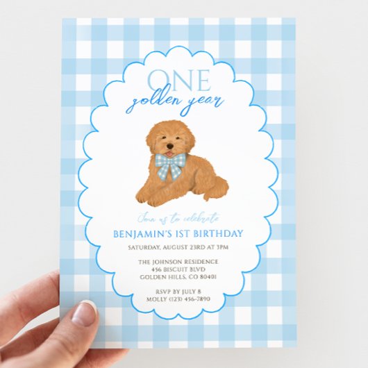 Blue Gingham One Golden Year 1st Birthday Puppy 招待状