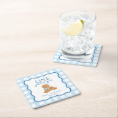 Blue Gingham One Golden Year First Birthday スクエアペーパーコースター (インサイチュ)