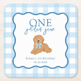 Blue Gingham One Golden Year First Birthday スクエアペーパーコースター
