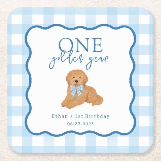 Blue Gingham One Golden Year First Birthday スクエアペーパーコースター (正面)