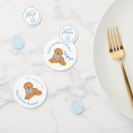 Blue Gingham One Golden Year Puppy Birthday Table コンフェッティ