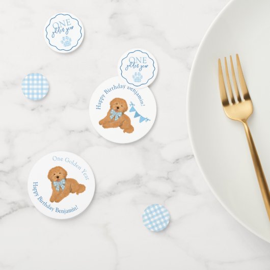 Blue Gingham One Golden Year Puppy Birthday Table コンフェッティ (グループ)