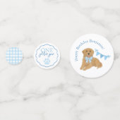 Blue Gingham One Golden Year Puppy Birthday Table コンフェッティ (正面)