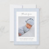 Blue Gingham Pattern Boys Baby Thank You Card サンキューカード (正面)
