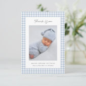 Blue Gingham Pattern Boys Baby Thank You Card サンキューカード (スタンド正面)