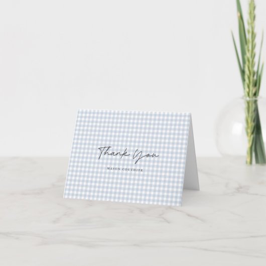 Blue Gingham Pattern Script Folded  サンキューカード (正面)