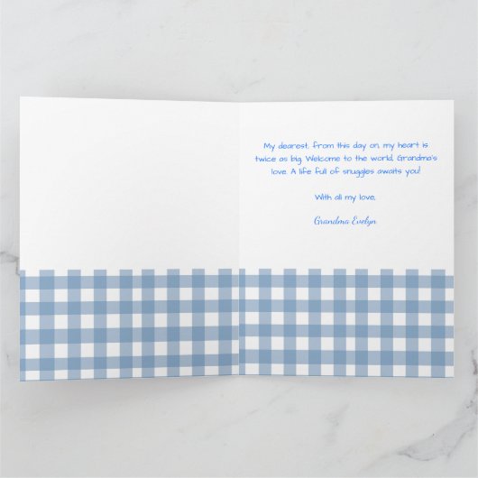 Blue Gingham Personalized Baby Welcome Card  カード (内部)