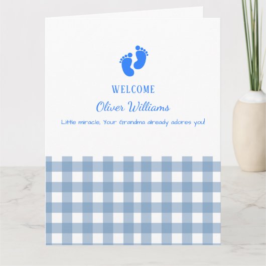 Blue Gingham Personalized Baby Welcome Card カード (正面)