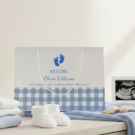 Blue Gingham Personalized Baby Welcome Gift Bag  ラージペーパーバッグ