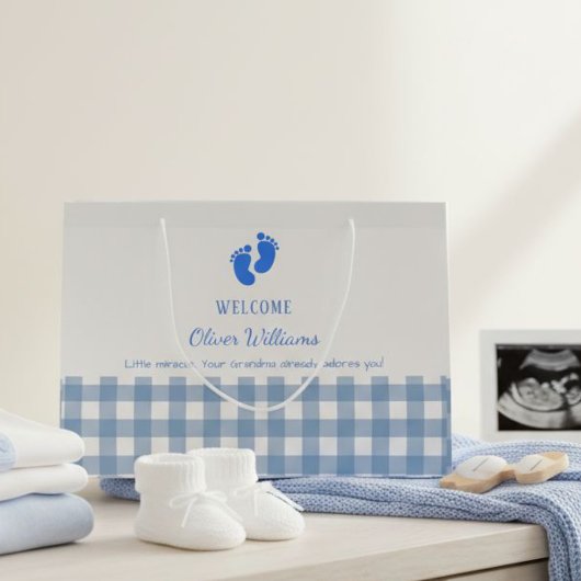 Blue Gingham Personalized Baby Welcome Gift Bag  ラージペーパーバッグ