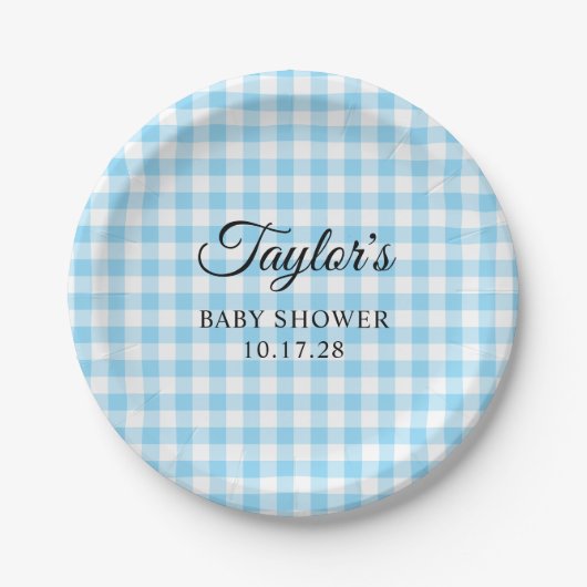 Blue Gingham Plaid Baby Shower ペーパープレート (正面)