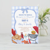 Blue Gingham Plaid BabyQ baby shower Invitation 招待状 (スタンド正面)