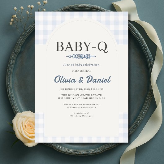 Blue Gingham Plaid BBQ Baby-Q Baby Shower  招待状