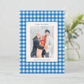 Blue Gingham Plaid Hanukkah Photo Custom Message シーズンカード (スタンド正面)