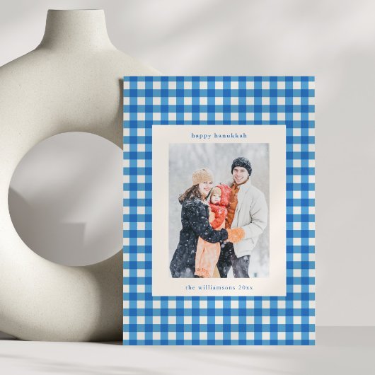 Blue Gingham Plaid Hanukkah Photo Custom Message シーズンカード