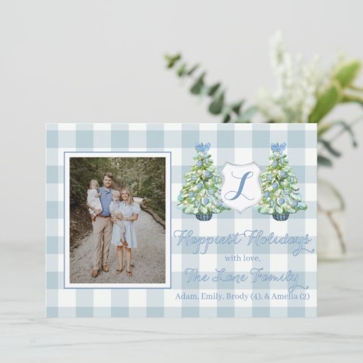 Blue Gingham Plaid Holiday Card 招待状 (スタンド正面)