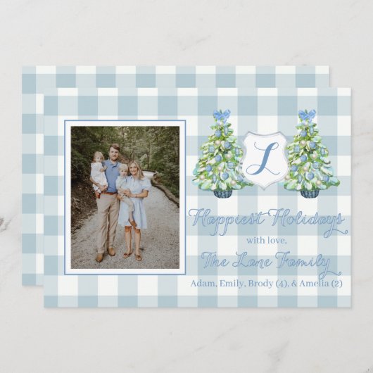 Blue Gingham Plaid Holiday Card 招待状 (正面/裏面)