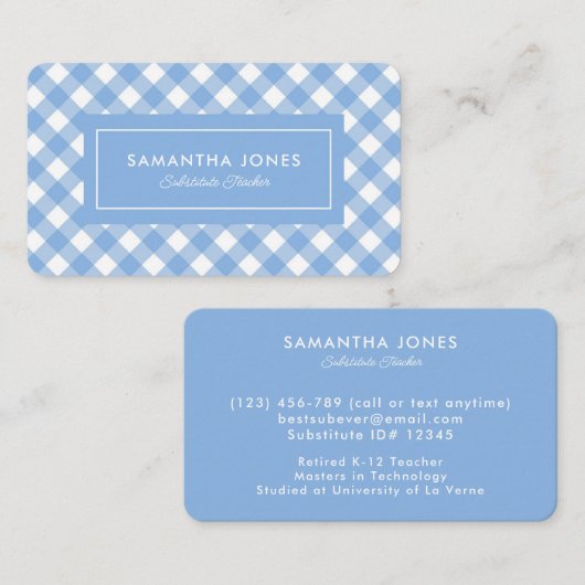 Blue Gingham Plaid Substitute Teacher Contact Info 名刺 (正面/裏面)