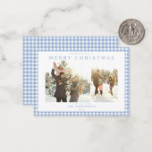 Blue Gingham Plaid Two Photo Mini Holiday Card ノートカード (正面/裏面インサイチュ)