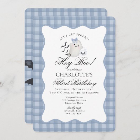 Blue Gingham Preppy Ghost Hey Boo Birthday 招待状 (正面/裏面)