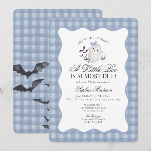 Blue Gingham Preppy Ghost Little Boo Baby Shower 招待状 (正面/裏面)
