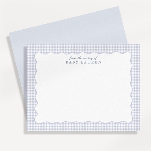 Blue Gingham Preppy Wavy Frame Nursery Note card 招待状