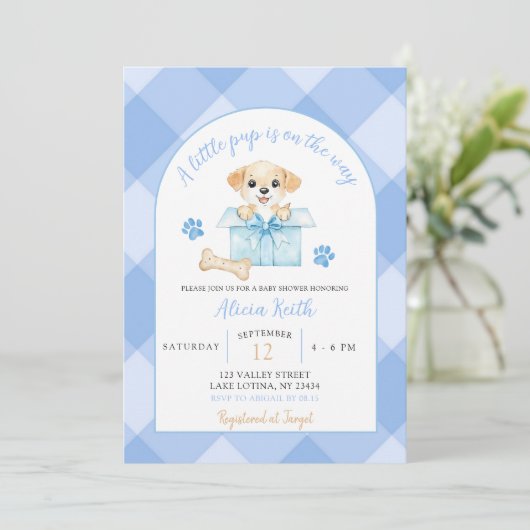 Blue Gingham Puppy Baby Shower 招待状 (スタンド正面)