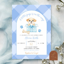 Blue Gingham Puppy Baby Shower 招待状