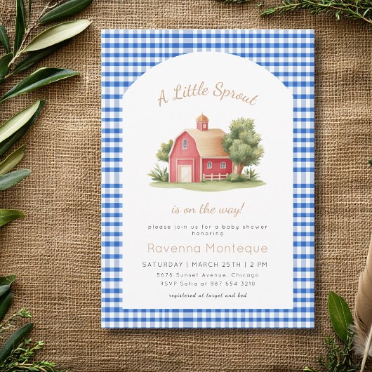 Blue Gingham Red Barn Little Sprout Baby Shower 招待状