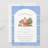 Blue Gingham Red Barn Little Sprout Baby Shower 招待状 (正面)
