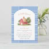 Blue Gingham Red Barn Little Sprout Baby Shower 招待状 (スタンド正面)