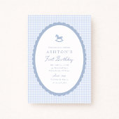 Blue Gingham Rocking Horse Boy Birthday Invitation 案内状