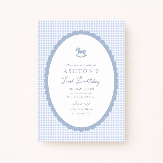 Blue Gingham Rocking Horse Boy Birthday Invitation 案内状