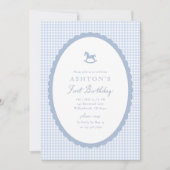 Blue Gingham Rocking Horse Boy Birthday Invitation 案内状 (正面)