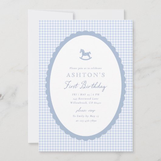 Blue Gingham Rocking Horse Boy Birthday Invitation 案内状 (正面)