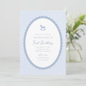 Blue Gingham Rocking Horse Boy Birthday Invitation 案内状 (スタンド正面)