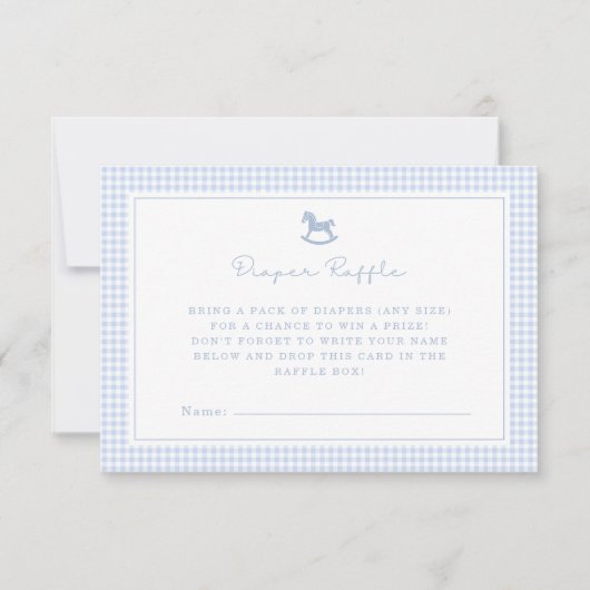 Blue Gingham Rocking Horse Diaper Raffle Card 案内状 (正面)