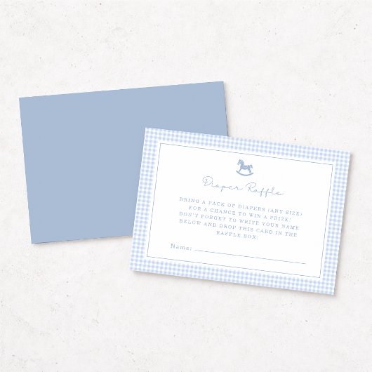 Blue Gingham Rocking Horse Diaper Raffle Card 案内状