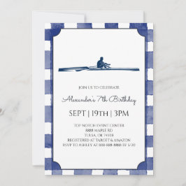 Blue Gingham Rowing Birthday Party 招待状