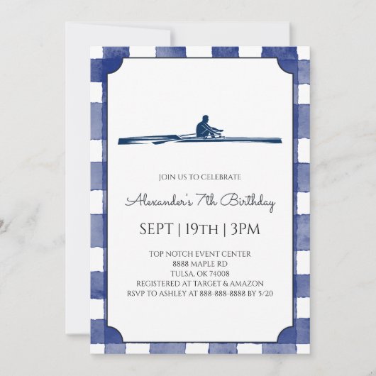Blue Gingham Rowing Birthday Party 招待状 (正面)
