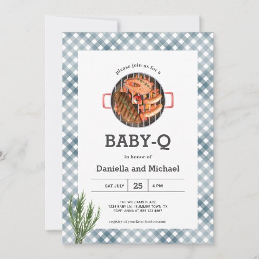 Blue Gingham Rustic Barbecue Baby Shower 招待状 (正面)