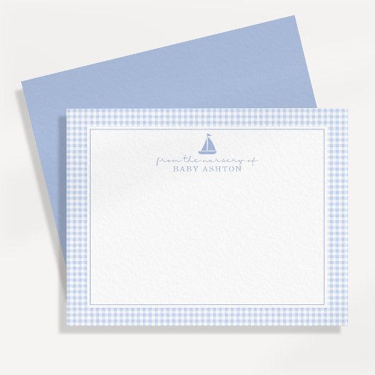 Blue Gingham Sailboat Nursery Note Card 案内状
