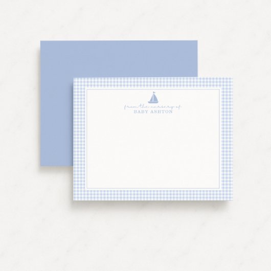 Blue Gingham Sailboat Nursery Note Card 案内状