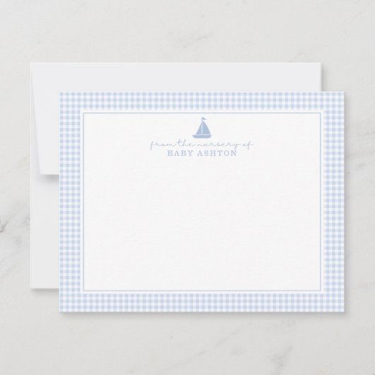 Blue Gingham Sailboat Nursery Note Card 案内状 (正面)
