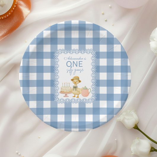  Blue Gingham Silly Goose 1st Birthday ペーパープレート