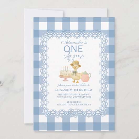  Blue Gingham Silly Goose 1st Birthday 招待状 (正面)
